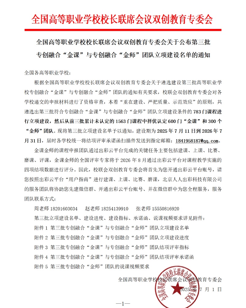 全國高等職業學校校長聯席會議關于公布第三批專創融合“金課”與專創融合“金師”團隊立項建設名單的通知1 - 副本_resized.jpg 全國高等職業學校校長聯席會議關于公布第三批專創融合“金課”與專創融合“金師”團隊立項建設名單的通知1 - 副本_resized.jpg